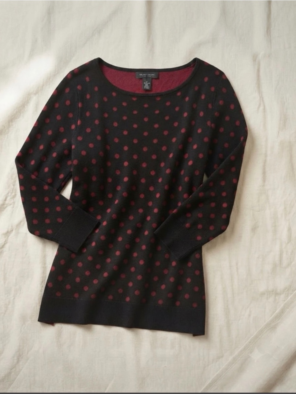 White House Black Market XS Black Red Polka Dot Long Sleeve Sweater